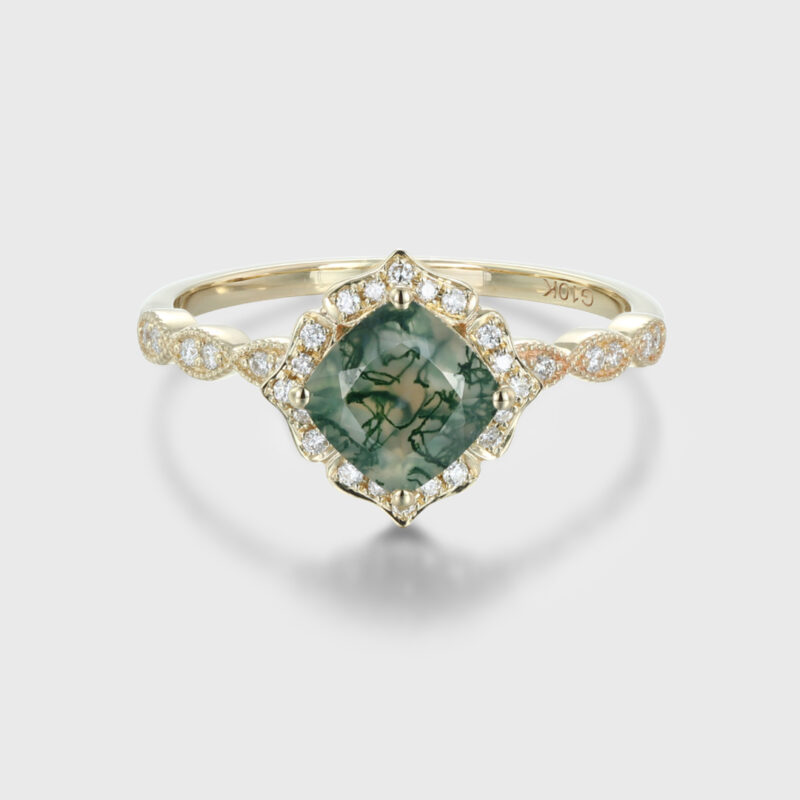 Cushion Cut Moss Agate Engagement Ring, 14K Yellow Gold Art Deco Cluster Ring, Nature-Inspired Bridal Jewelry, Moss Agate Ring with Diamond Accents, Unique Engagement Ring, Close-Up of Moss Agate Cluster Ring, Elegant Yellow Gold Promise Ring, Natural Stone Wedding Ring