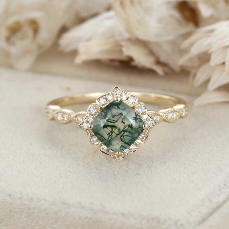 Cushion Cut Natural Moss Agate Engagement Ring in 14K Yellow Gold