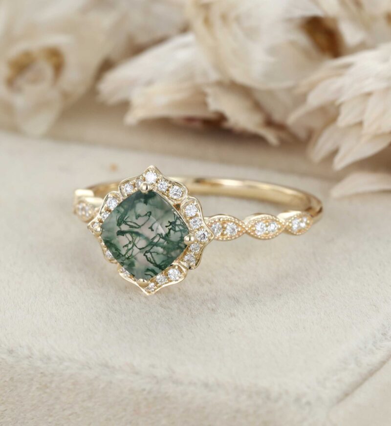 Cushion Cut Natural Moss Agate Engagement Ring in 14K Yellow Gold