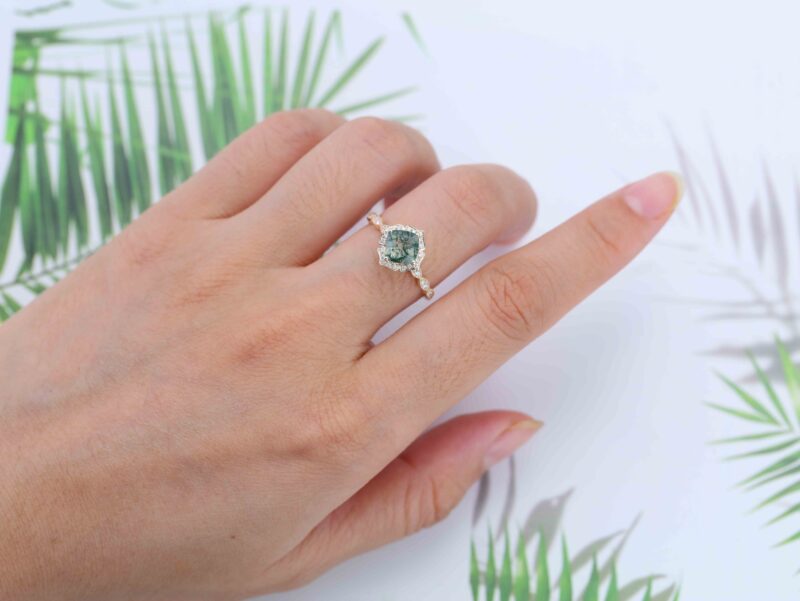 Cushion Cut Natural Moss Agate Engagement Ring in 14K Yellow Gold