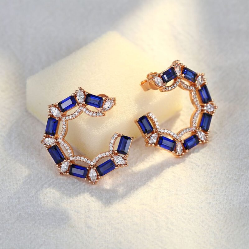 Diamond Small Hoop Earrings Baguette Lab Sapphire Earrings Moissanite Halo 14K Rose Gold Earrings
