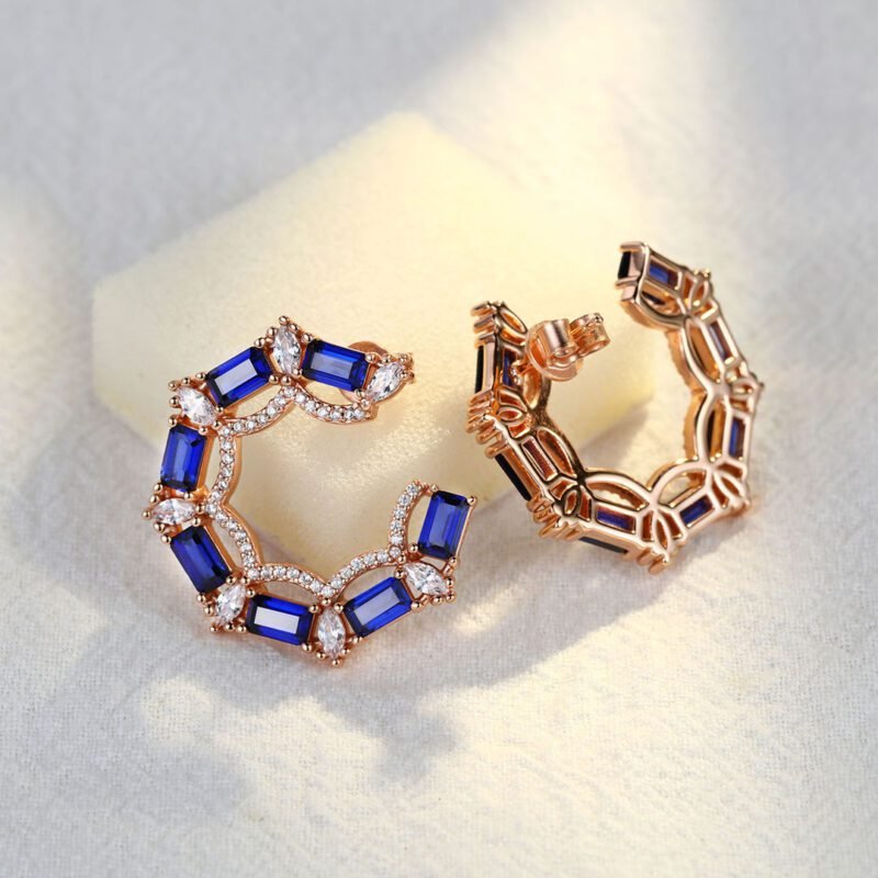 Diamond Small Hoop Earrings Baguette Lab Sapphire Earrings Moissanite Halo 14K Rose Gold Earrings