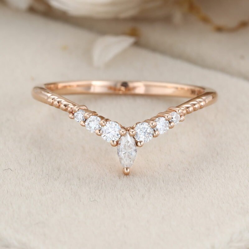 Diamond Wedding band Curved Wedding Band Rose gold Marquise moissanite Wedding Band Unique vintage Matching ring Bridal promise gift for her