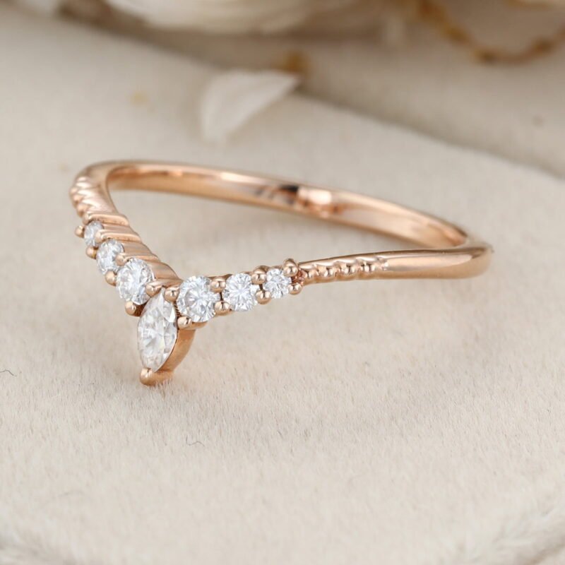 Diamond Wedding band Curved Wedding Band Rose gold Marquise moissanite Wedding Band Unique vintage Matching ring Bridal promise gift for her