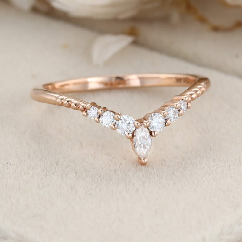 Diamond Wedding band Curved Wedding Band Rose gold Marquise moissanite Wedding Band Unique vintage Matching ring Bridal promise gift for her