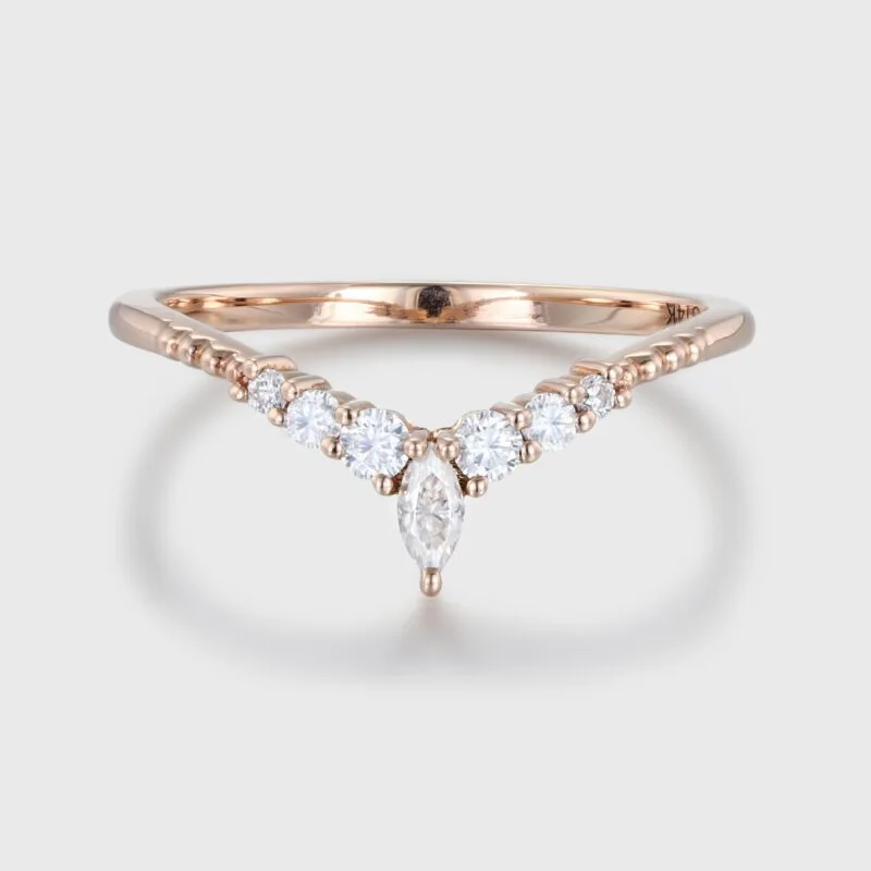 Diamond Wedding band Curved Wedding Band Rose gold Marquise moissanite Wedding Band Unique vintage Matching ring Bridal promise gift for her