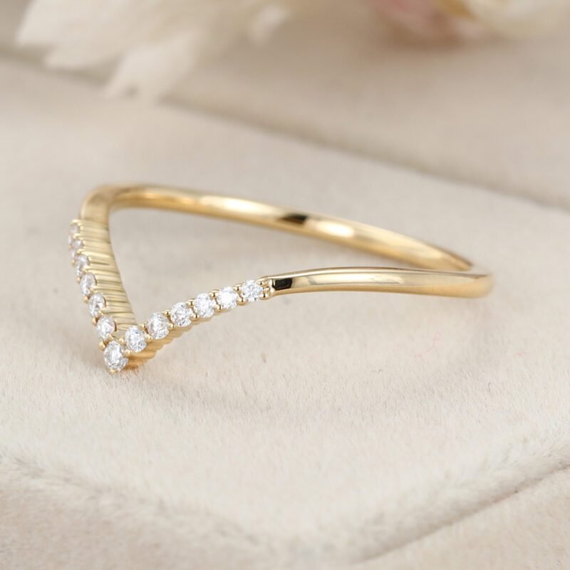 Diamond Wedding band Curved Wedding Band Unique Yellow gold moissanite Wedding Band vintage Stacking Matching ring Bridal promise gift for her