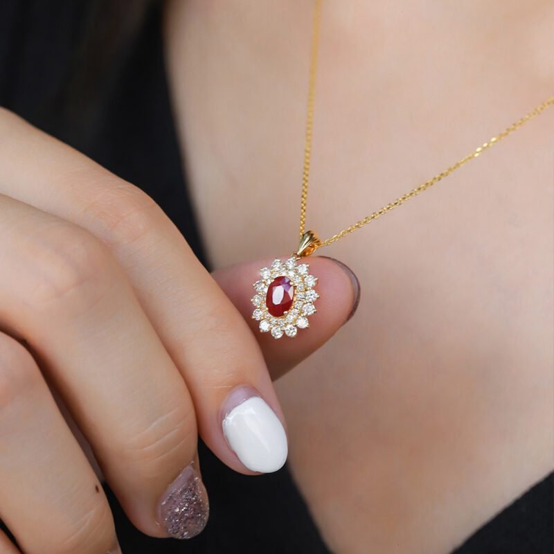 Diamond and Ruby halo pendant necklace 18k Yellow gold