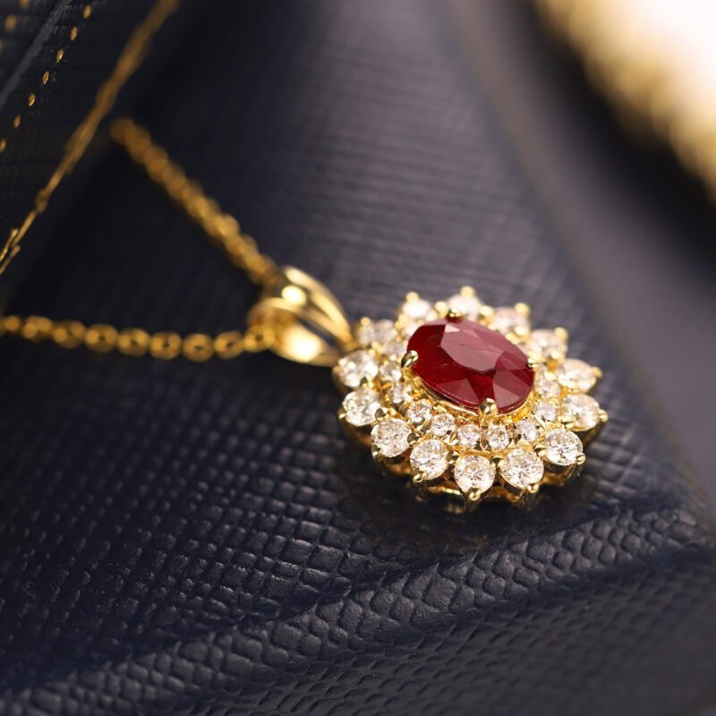 Diamond and Ruby halo pendant necklace 18k Yellow gold