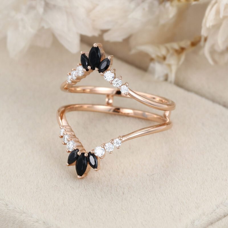 Double curved wedding Band Moissanite ring vintage rose gold Black Onyx marquise stacking matching Bridal wedding Promise ring Anniversary