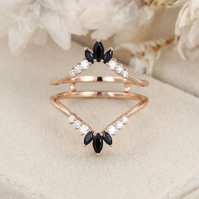 Double curved wedding Band Moissanite ring vintage rose gold Black Onyx marquise stacking matching Bridal wedding Promise ring Anniversary