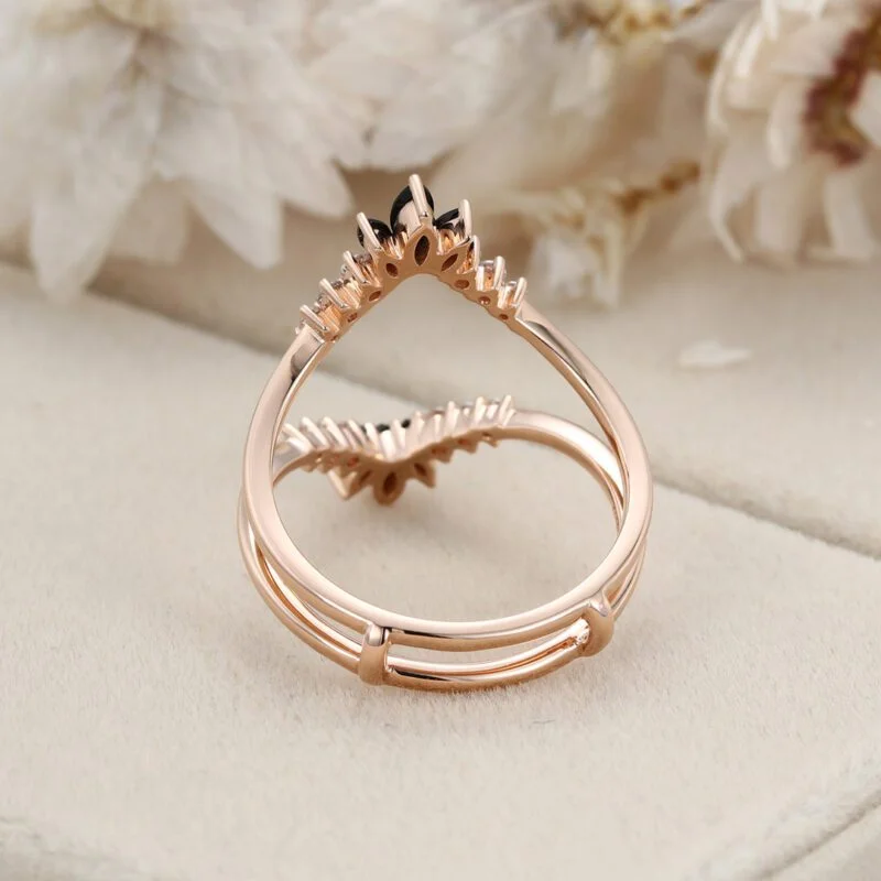 Double curved wedding Band Moissanite ring vintage rose gold Black Onyx marquise stacking matching Bridal wedding Promise ring Anniversary