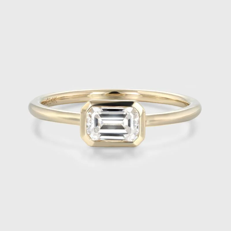 East West Bezel Emerald Cut Moissanite Engagement Ring Solitaire 14K Yellow Gold Wedding Ring