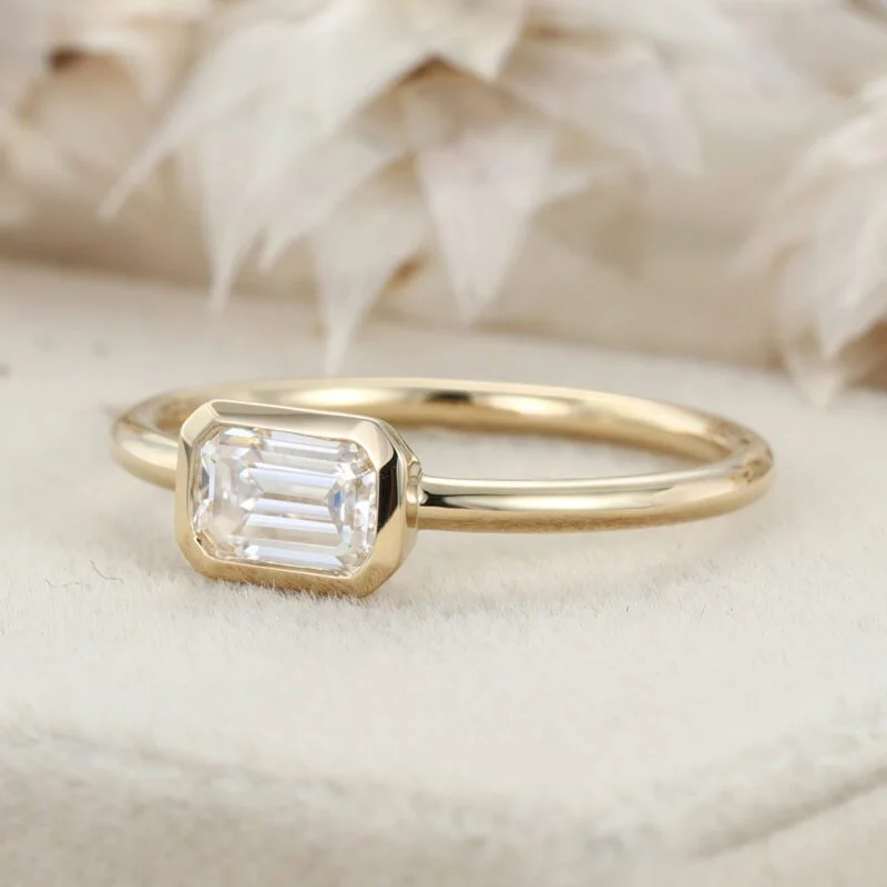 East West Bezel Emerald Cut Moissanite Engagement Ring Solitaire 14K Yellow Gold Wedding Ring