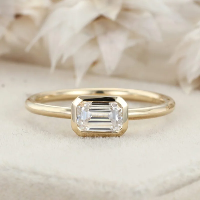 East West Bezel Emerald Cut Moissanite Engagement Ring Solitaire 14K Yellow Gold Wedding Ring