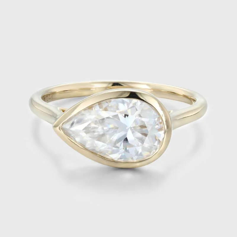 East West Bezel Engagement Ring 2.5CT Pear Shaped Moissanite Solitaire Wedding Ring 14K Solid Gold