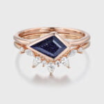 East West Bezel Set Kite Cut Blue Sandstone Ring Set Rose Gold