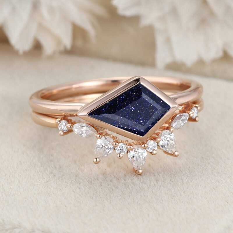 East West Bezel Engagement Ring Bezel Set Kite Cut Blue Sandstone Ring Set Rose Gold Diamond Wedding Art Deco Ring Gift