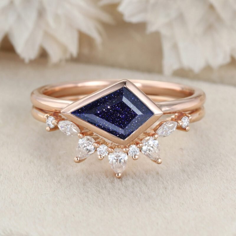 East West Bezel Engagement Ring Bezel Set Kite Cut Blue Sandstone Ring Set Rose Gold Diamond Wedding Art Deco Ring Gift