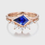 East West Bezel Set Kite Cut Lab Grown Sapphire Ring Set Rose Gold September Birthstone Rings