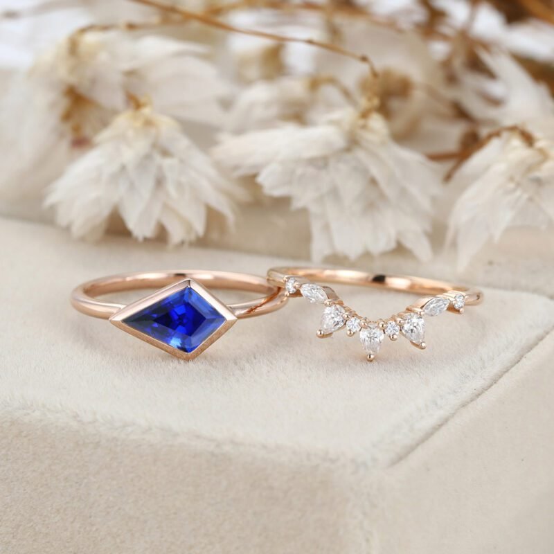 East West Bezel Engagement Ring Bezel Set Lab Sapphire Ring Set Rose Gold Moissanite Wedding Ring September birthstone