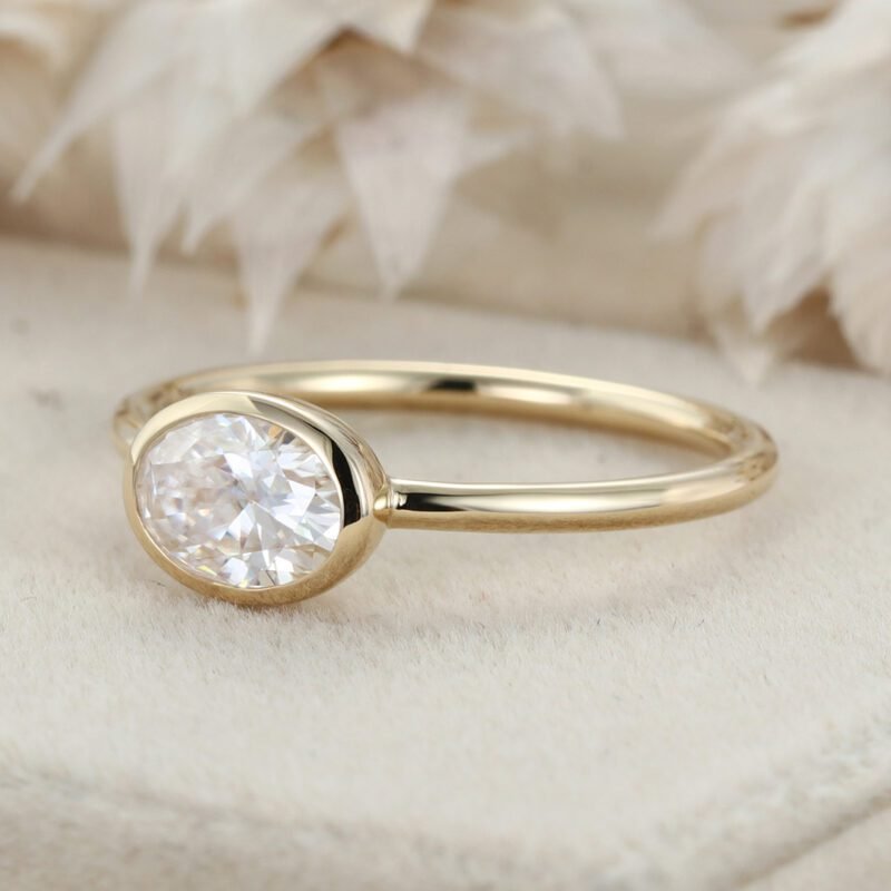 East West Bezel Set Oval Cut Moissanite Engagement Ring 14K Yellow Gold Wedding Ring Bezel Solitaire Ring