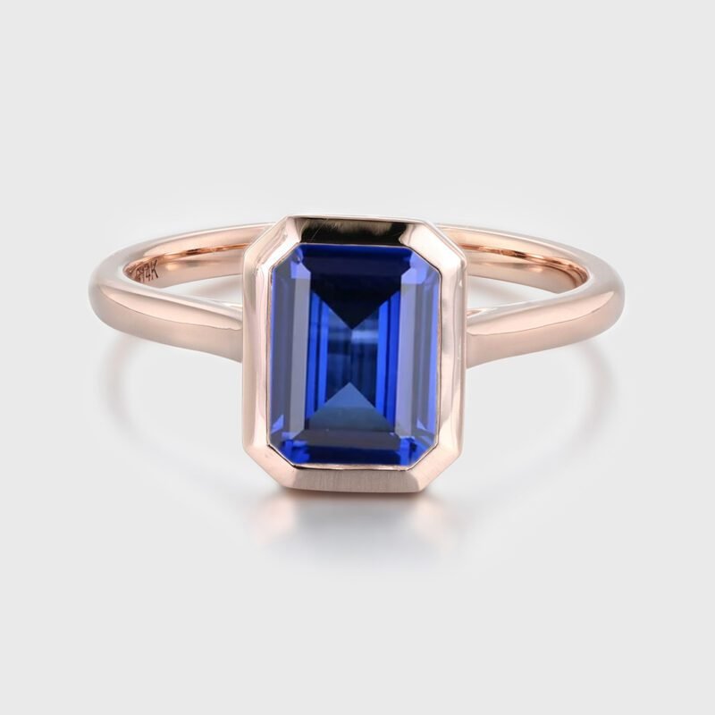Emerald Cut Solitaire Bezel Lab Grown Sapphire Ring 14k Solid Gold September Birthstone Anniversary Gift For Her