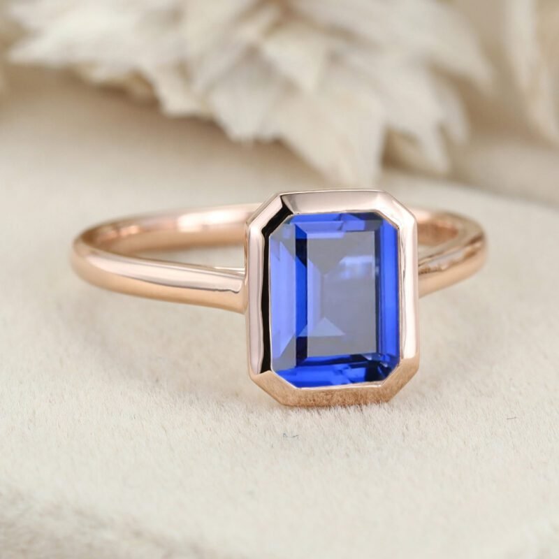 Emerald Cut Bezel Lab Sapphire Ring 14k Solid Gold Wedding Ring Solitaire Bezel Sapphire Ring September Birthstone Anniversary Gift For Her