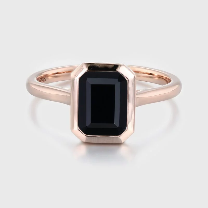 2.0ct Emerald Cut Bezel Black Onyx Engagement Ring 14K Rose Gold Vintage Bridal Wedding Promise Anniversary Gift