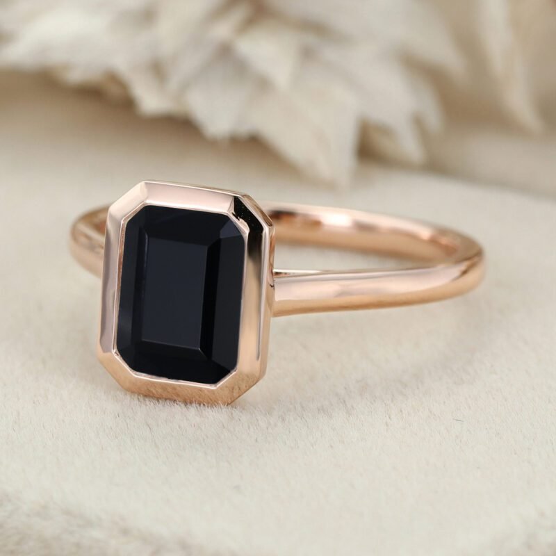 2.0ct Emerald Cut Black Onyx Engagement Ring Bezel Set Ring Black Gemstone Ring Vintage Rose Gold Bridal Wedding Promise Anniversary Gift Ring