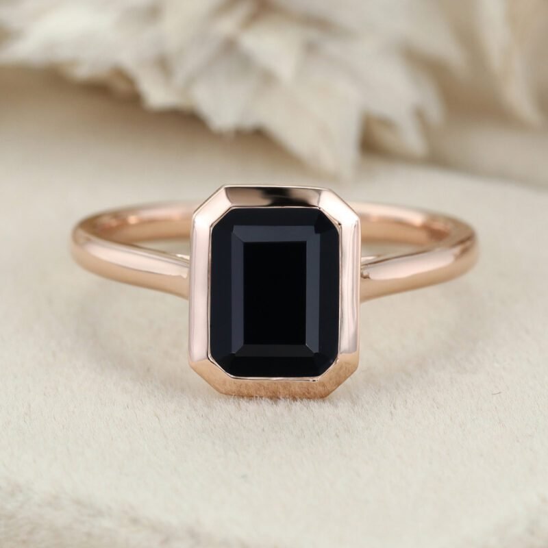 2.0ct Emerald Cut Black Onyx Engagement Ring Bezel Set Ring Black Gemstone Ring Vintage Rose Gold Bridal Wedding Promise Anniversary Gift Ring