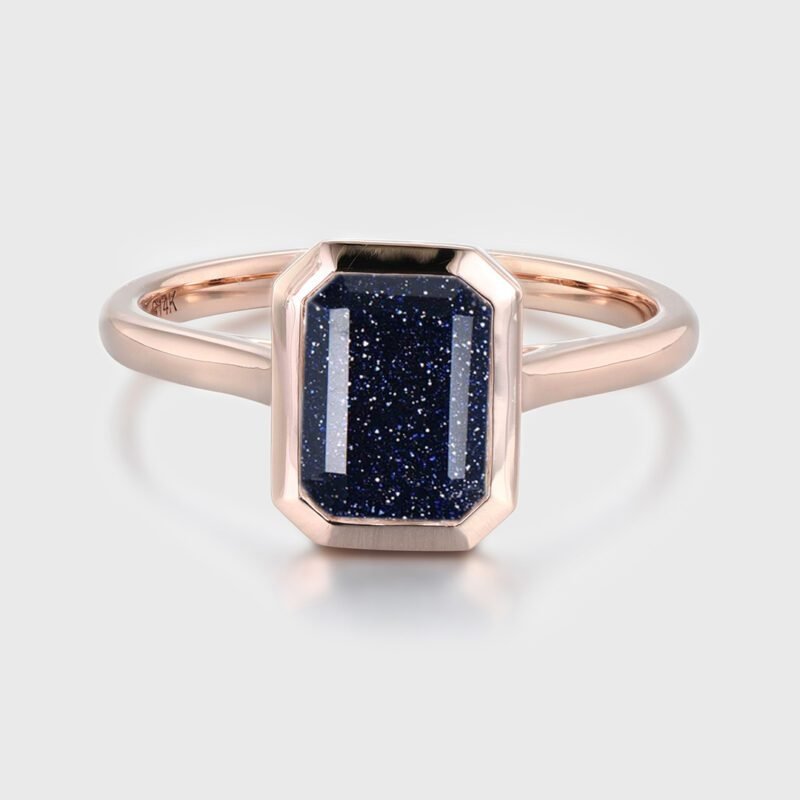 Emerald Cut Blue Sandstone Engagement Ring Vintage Solid 14K Rose Gold Solitaire Wedding Ring Unique Stary Blue Stone Dainty Women Ring