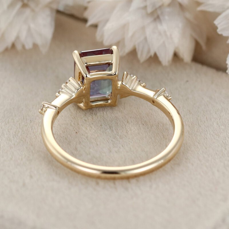 Emerald Cut Lab Alexandrite Engagement Ring Unique Vintage Yellow Gold Engagement Ring For Women Marquise Diamond Wedding Bridal Promise Gift