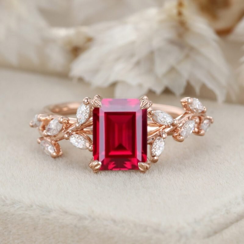 Emerald Cut Lab-Grown Ruby Engagement Ring 14K Solid Gold Ring Branch Marquise Diamond Cluster Ring