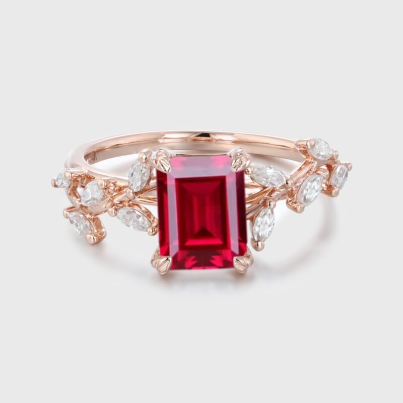 Emerald Cut Lab-Grown Ruby Engagement Ring 14K Solid Gold Ring Branch Marquise Diamond Cluster Ring