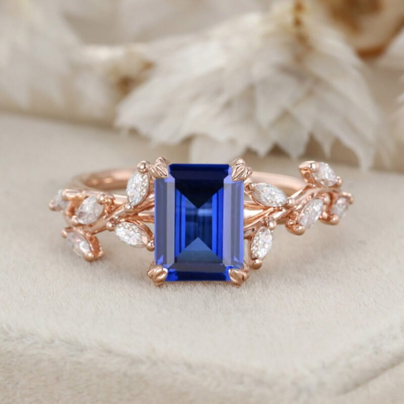 Emerald Cut Lab-Grown Sapphire Engagement Ring 14K Solid Gold Ring Branch Marquise Moissanite Cluster Ring