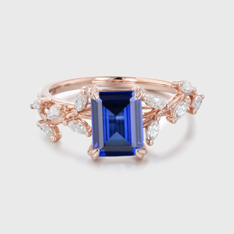 Emerald Cut Lab-Grown Sapphire Engagement Ring 14K Solid Gold Ring Branch Marquise Moissanite Cluster Ring