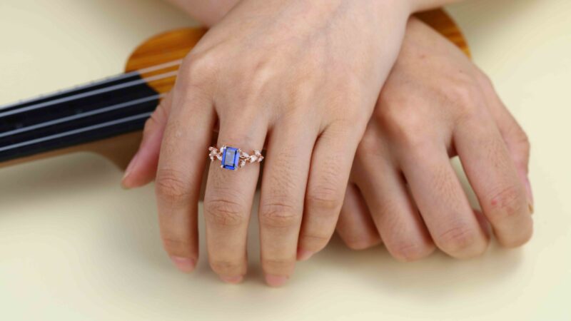 Emerald Cut Lab-Grown Sapphire Engagement Ring 14K Solid Gold Ring Branch Marquise Moissanite Cluster Ring