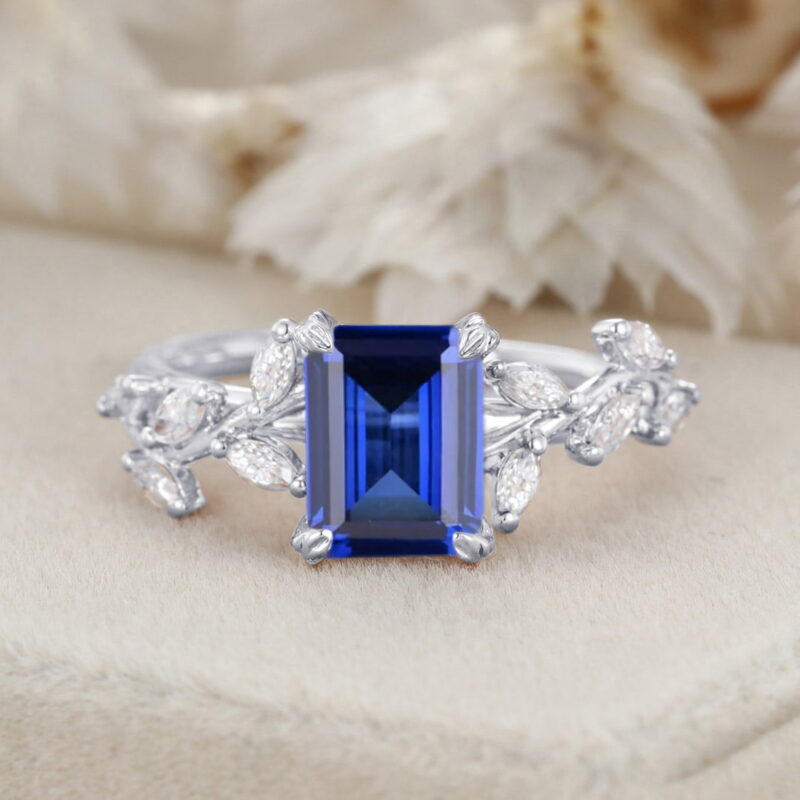 Emerald Cut Lab-Grown Sapphire Engagement Ring 14K Solid Gold Ring Branch Marquise Moissanite Cluster Ring