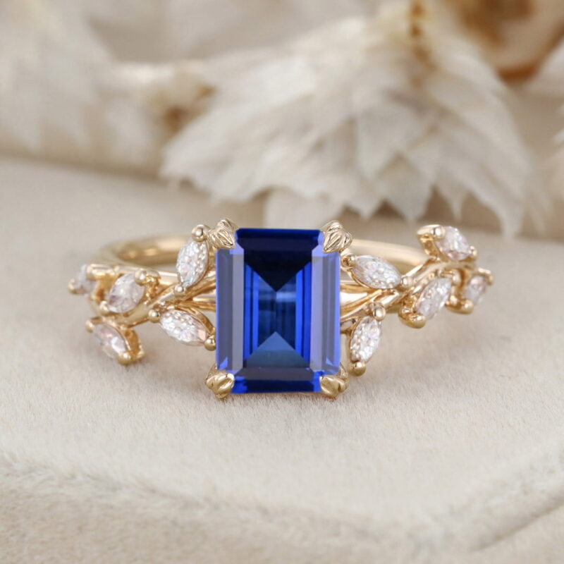 Emerald Cut Lab-Grown Sapphire Engagement Ring 14K Solid Gold Ring Branch Marquise Moissanite Cluster Ring