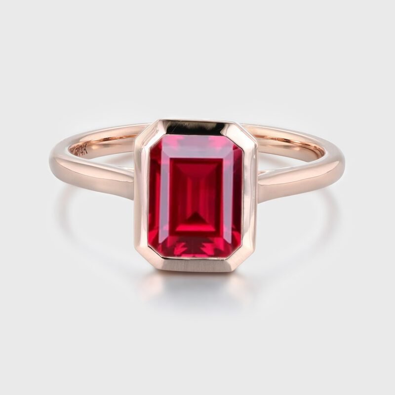 Emerald Cut Lab Grown Ruby Engagement Ring Rose Gold Bezel Setting Solitaire Ring July Birthstone