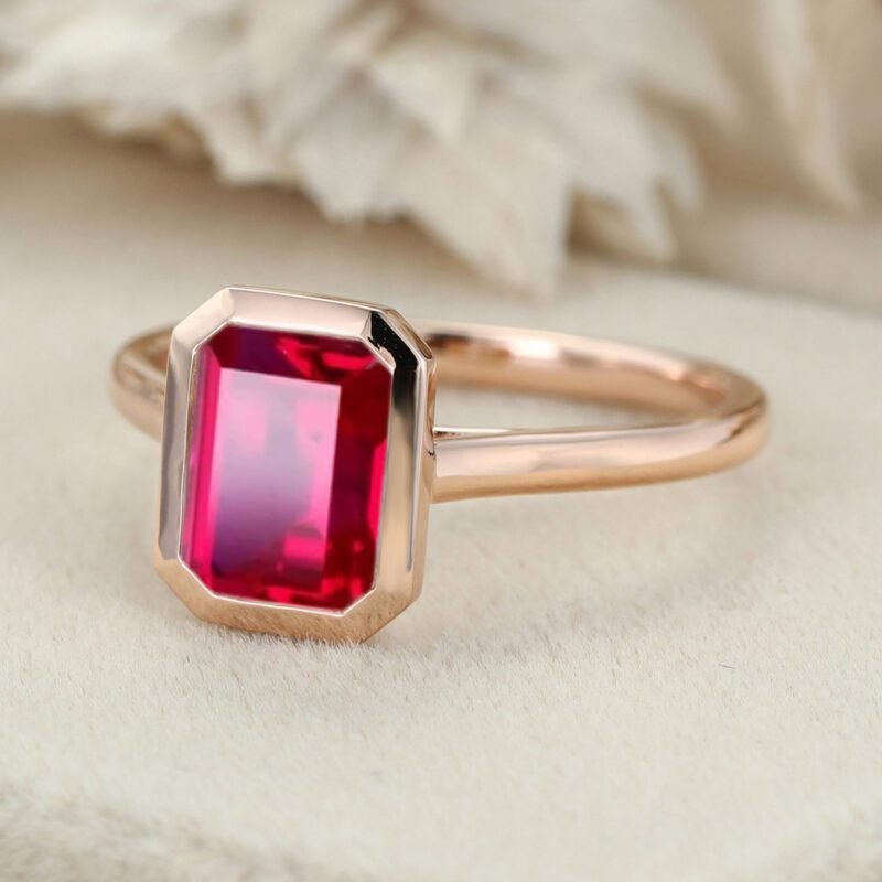 Emerald Cut Lab Ruby Engagement Ring Rose Gold Bezel Setting Ruby Ring Emerald Cut Solitaire Ring July Birthstone Anniversary Gift For Her