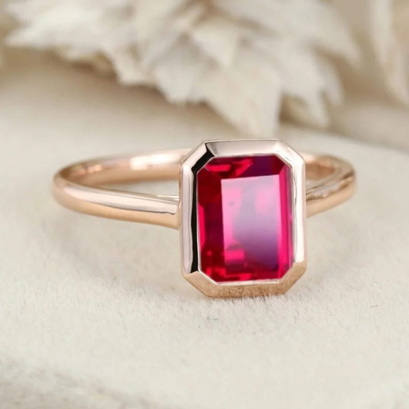 Emerald Cut Lab Ruby Engagement Ring Rose Gold Bezel Setting Ruby Ring Emerald Cut Solitaire Ring July Birthstone Anniversary Gift For Her