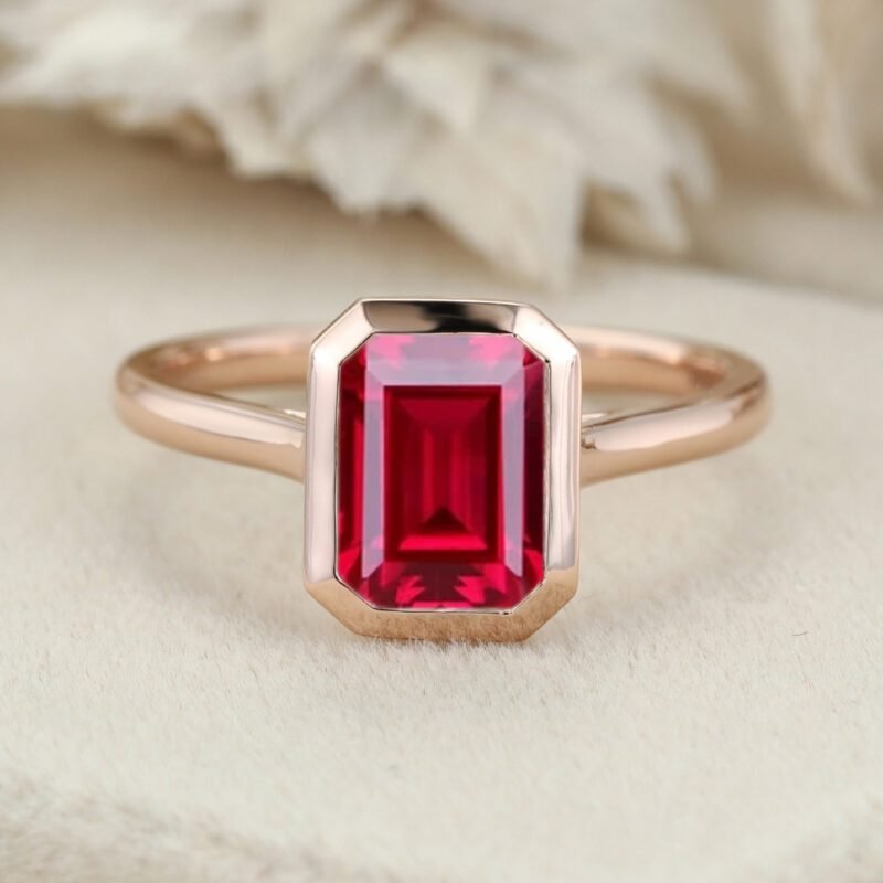 Emerald Cut Lab Ruby Engagement Ring Rose Gold Bezel Setting Ruby Ring Emerald Cut Solitaire Ring July Birthstone Anniversary Gift For Her