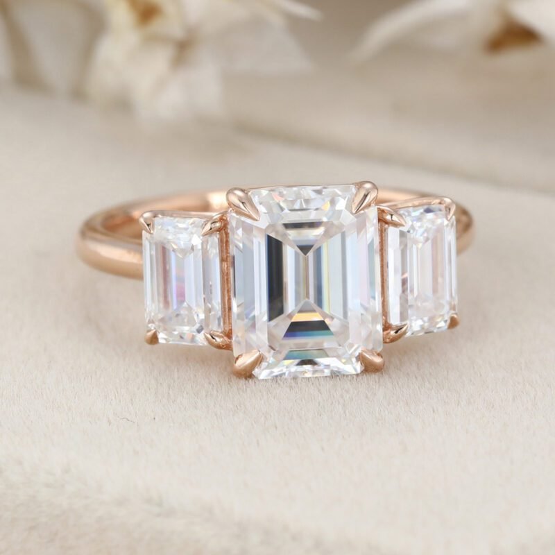 Emerald Cut Moissanite 3 Stone Engagement Ring Vintage 14k Rose Gold Ring