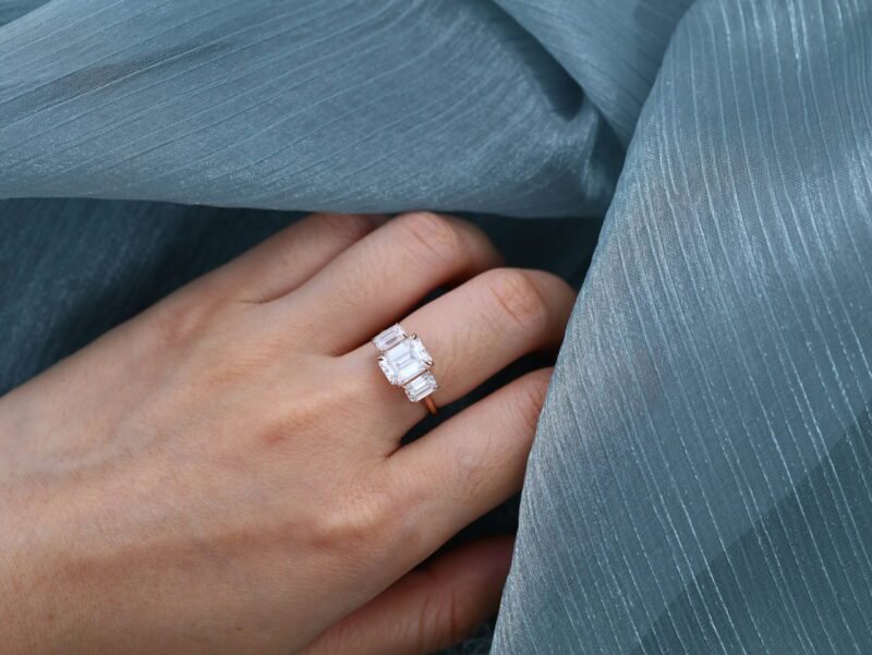 Emerald Cut Moissanite 3 Stone Engagement Ring Vintage 14k Rose Gold Ring