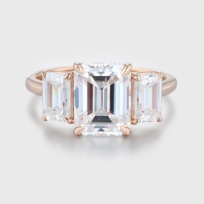Emerald Cut Moissanite Three Stone Engagement Ring Vintage 14k Rose Gold Ring
