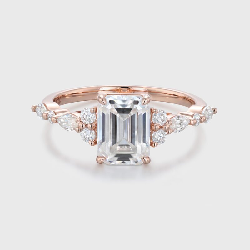 2 Carat Emerald Cut Moissanite Engagement Ring Vintage Rose Gold