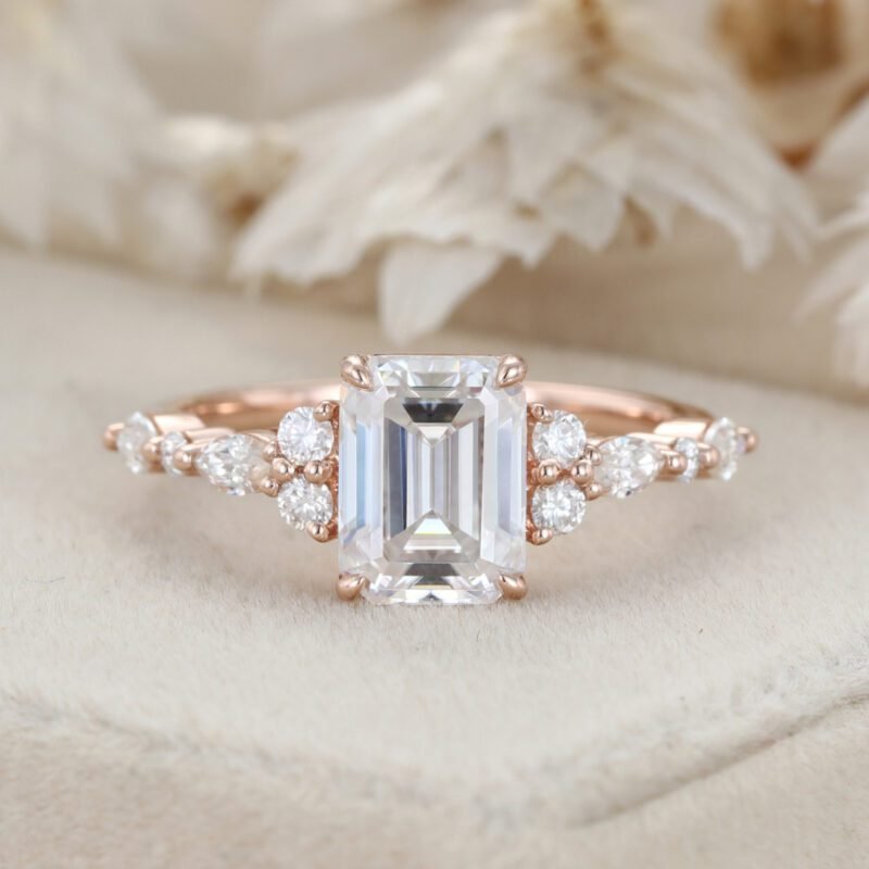 Emerald Cut Moissanite Engagement Ring Vintage Rose Gold Diamond Cluster Ring Art Deco Bridal Promise Anniversary Ring