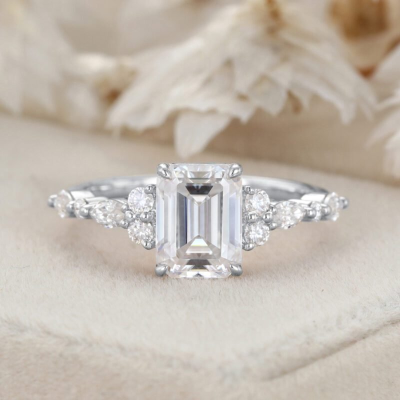 Emerald Cut Moissanite Engagement Ring Vintage Rose Gold Diamond Cluster Ring Art Deco Bridal Promise Anniversary Ring